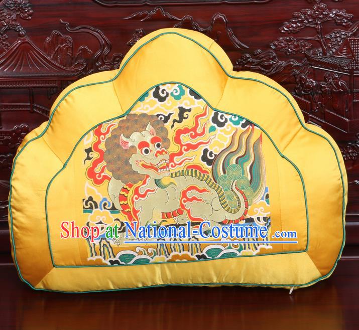 Chinese Traditional Embroidered Kylin Pattern Golden Brocade Back Cushion Cover Classical Household Ornament