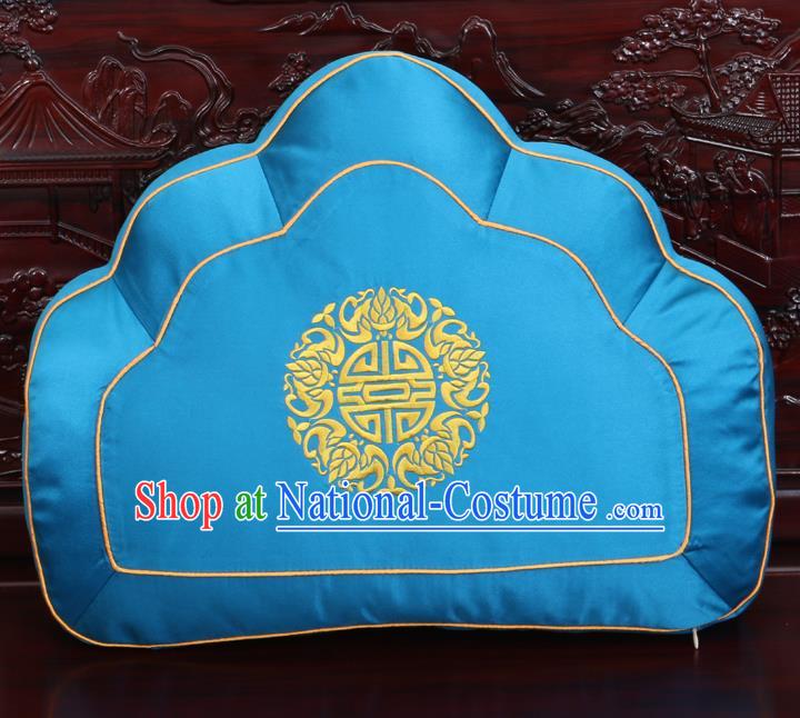 Chinese Traditional Embroidered Pattern Blue Brocade Back Cushion Cover Classical Household Ornament