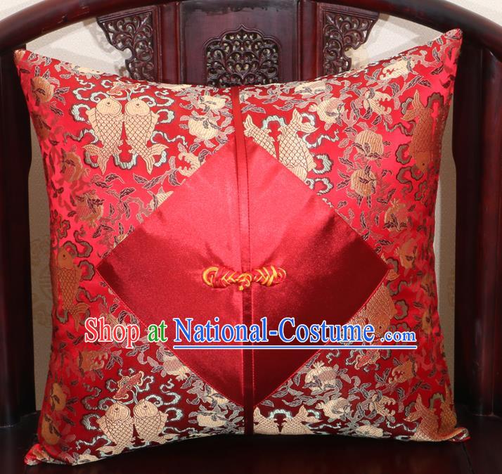 Chinese Classical Fishes Pattern Red Brocade Pipa Button Back Cushion Cover Traditional Household Ornament