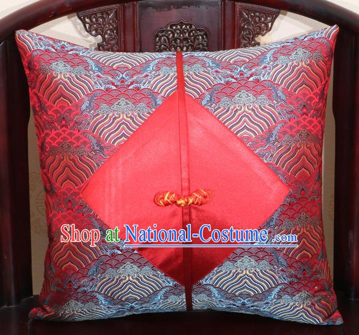 Chinese Classical Wave Pattern Red Brocade Pipa Button Back Cushion Cover Traditional Household Ornament