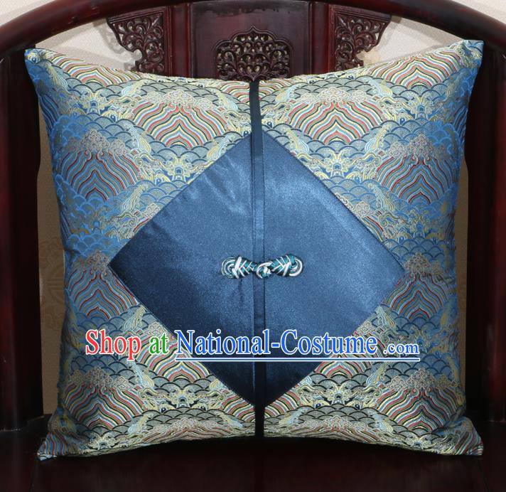 Chinese Classical Wave Pattern Navy Brocade Pipa Button Back Cushion Cover Traditional Household Ornament