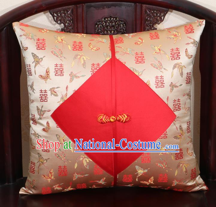 Chinese Classical Butterfly Pattern Golden Brocade Pipa Button Back Cushion Cover Traditional Household Ornament