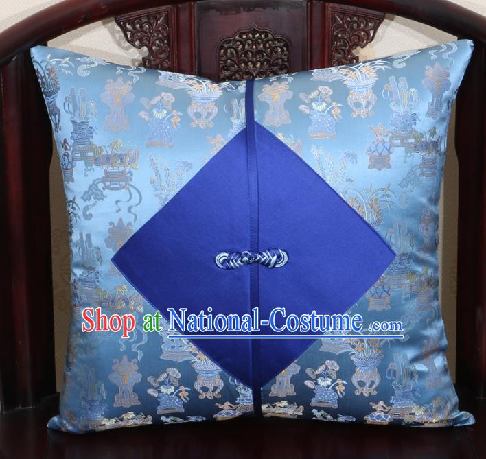 Chinese Classical Orchid Pattern Blue Brocade Pipa Button Back Cushion Cover Traditional Household Ornament