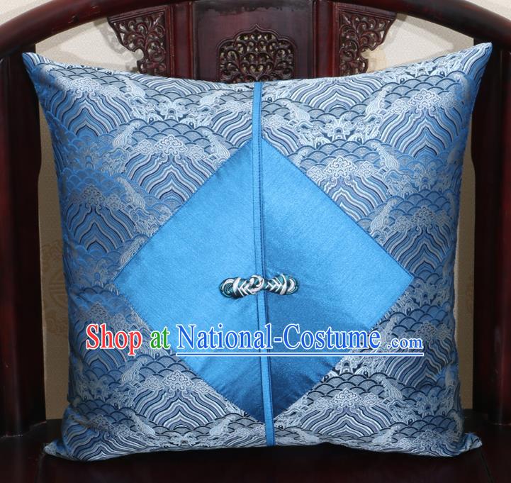 Chinese Classical Wave Pattern Blue Brocade Pipa Button Back Cushion Cover Traditional Household Ornament