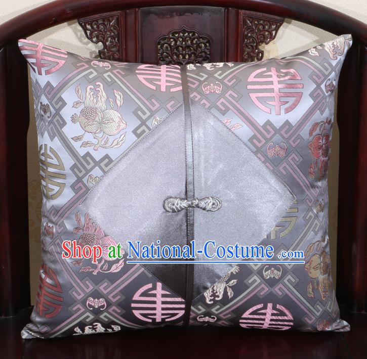 Chinese Classical Pomegranate Pattern Grey Brocade Pipa Button Back Cushion Cover Traditional Household Ornament