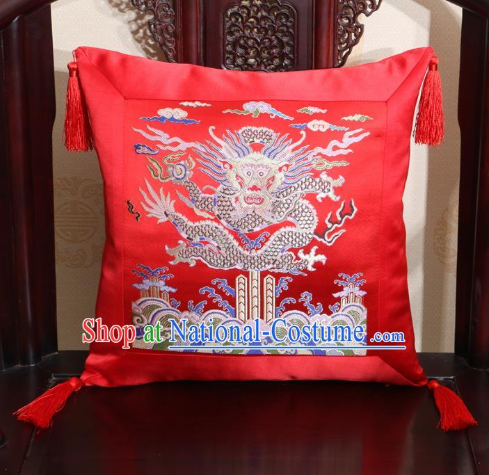 Chinese Classical Dragon Pattern Red Brocade Square Cushion Cover Traditional Household Ornament