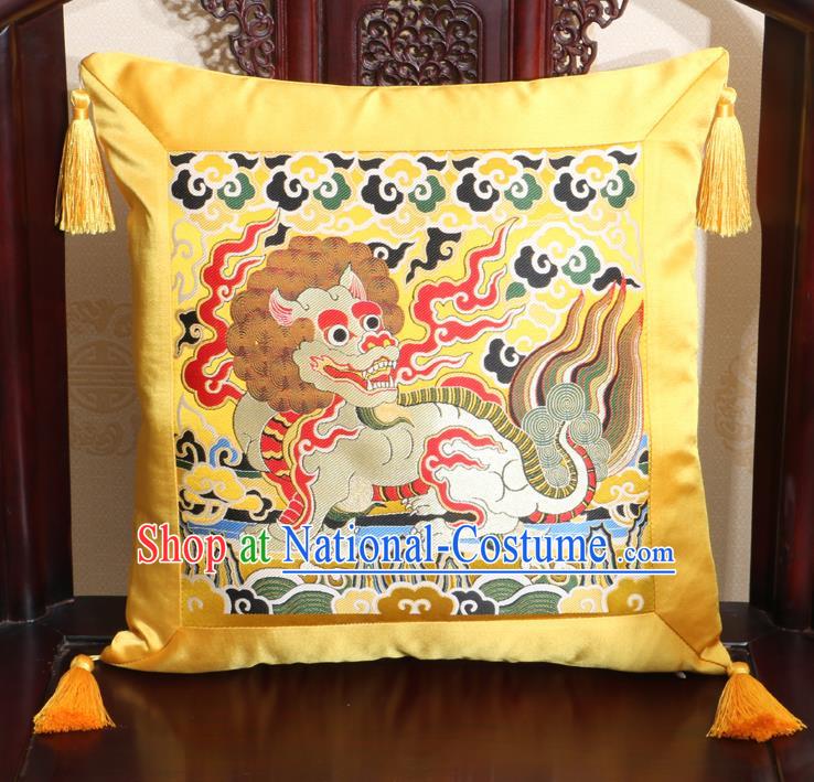 Chinese Classical Kylin Pattern Golden Brocade Square Cushion Cover Traditional Household Ornament