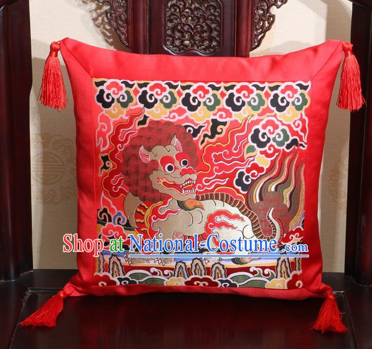 Chinese Classical Kylin Pattern Red Brocade Square Cushion Cover Traditional Household Ornament