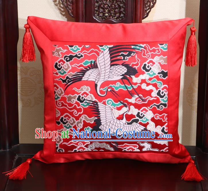 Chinese Classical Cranes Pattern Red Brocade Square Cushion Cover Traditional Household Ornament