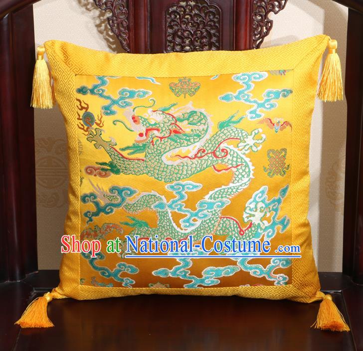 Chinese Classical Cloud Dragon Pattern Golden Brocade Square Cushion Cover Traditional Household Ornament