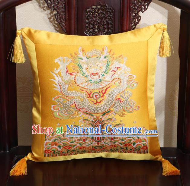 Chinese Classical Dragon Pattern Golden Brocade Square Cushion Cover Traditional Household Ornament