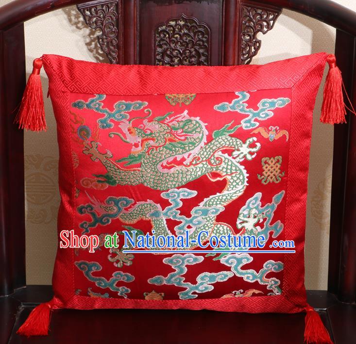 Chinese Classical Cloud Dragon Pattern Red Brocade Square Cushion Cover Traditional Household Ornament