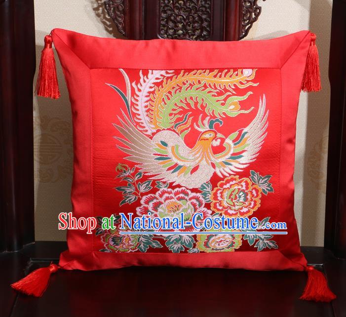 Chinese Classical Phoenix Peony Pattern Red Brocade Square Cushion Cover Traditional Household Ornament