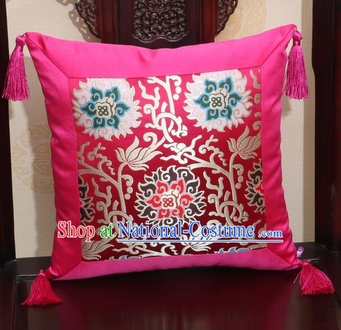 Chinese Classical Lotus Pattern Rosy Brocade Square Cushion Cover Traditional Household Ornament