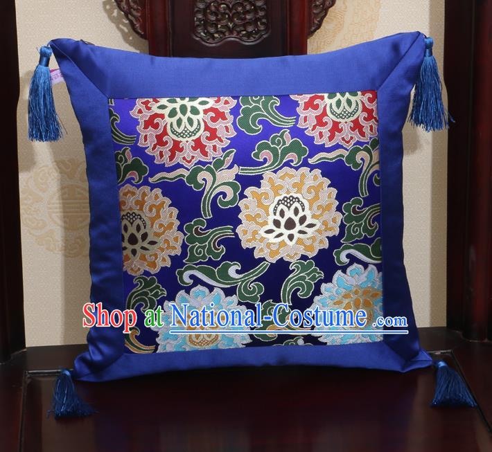 Chinese Classical Lotus Pattern Royalblue Brocade Square Cushion Cover Traditional Household Ornament