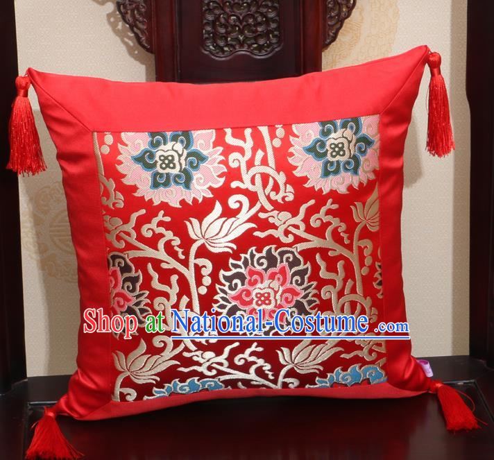 Chinese Classical Lotus Pattern Red Brocade Square Cushion Cover Traditional Household Ornament