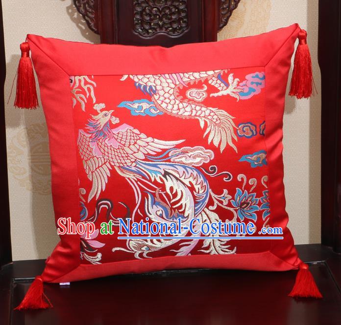 Chinese Classical Dragon Phoenix Pattern Red Brocade Square Cushion Cover Traditional Household Ornament