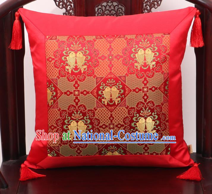 Chinese Classical Double Fishes Pattern Red Brocade Square Cushion Cover Traditional Household Ornament