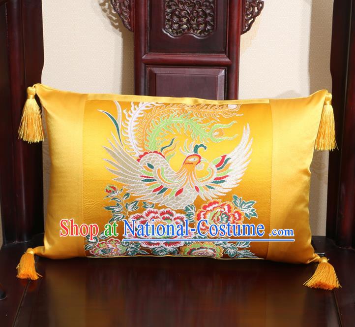 Chinese Traditional Phoenix Peony Pattern Golden Brocade Back Cushion Cover Classical Household Ornament