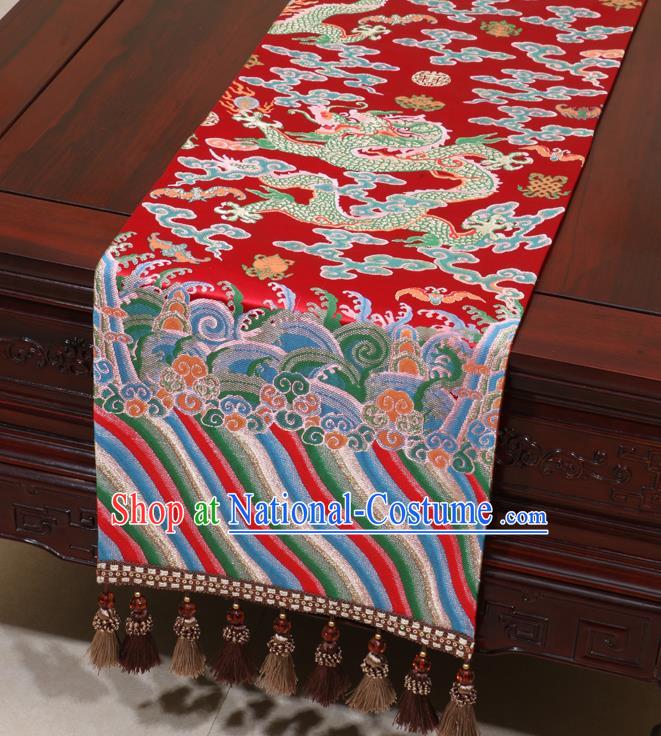 Chinese Traditional Dragon Pattern Red Brocade Table Flag Classical Satin Household Ornament Table Cover