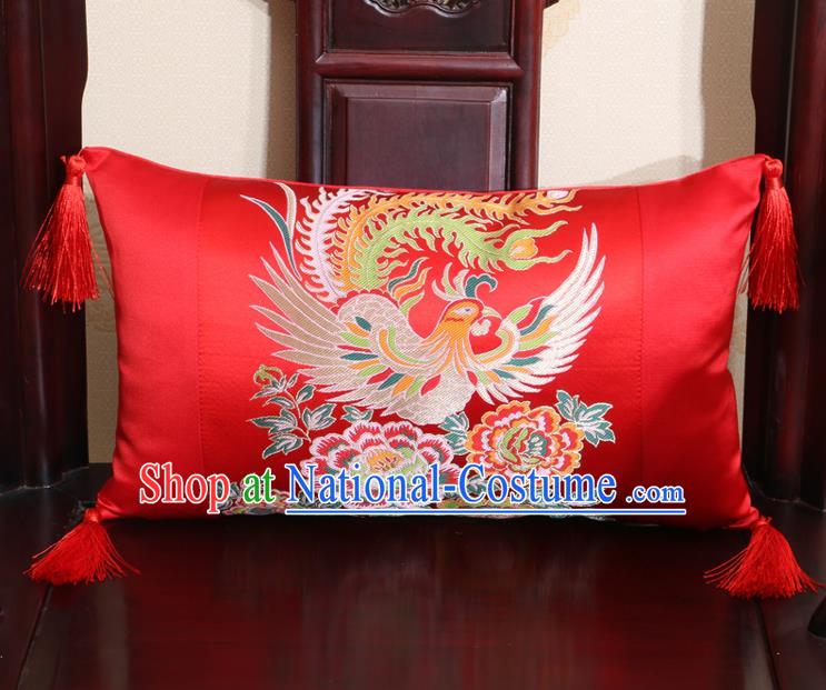 Chinese Traditional Phoenix Peony Pattern Red Brocade Back Cushion Cover Classical Household Ornament