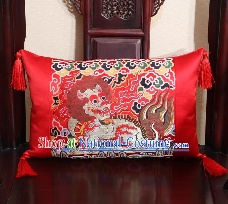 Chinese Traditional Kylin Pattern Red Brocade Back Cushion Cover Classical Household Ornament