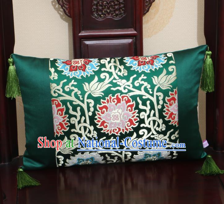 Chinese Traditional Lotus Pattern Green Brocade Back Cushion Cover Classical Household Ornament