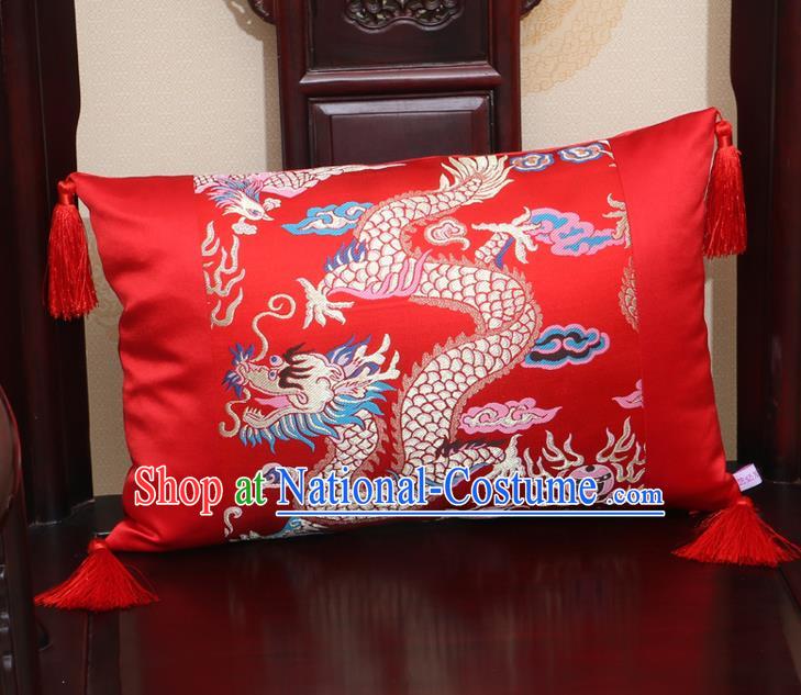 Chinese Traditional Dragon Pattern Red Brocade Back Cushion Cover Classical Household Ornament