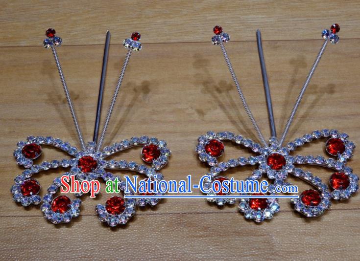 Chinese Traditional Beijing Opera Diva Red Crystal Butterfly Hairpins Princess Hair Accessories for Adults