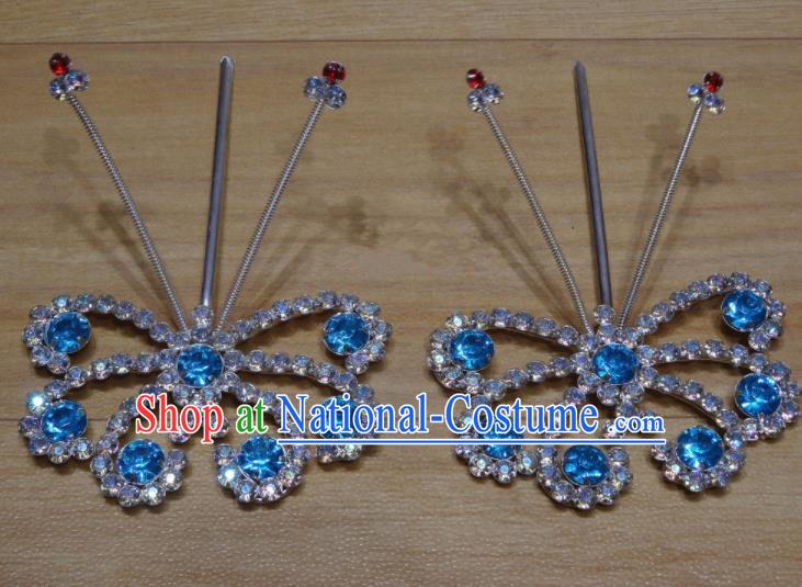 Chinese Traditional Beijing Opera Diva Blue Crystal Butterfly Hairpins Princess Hair Accessories for Adults