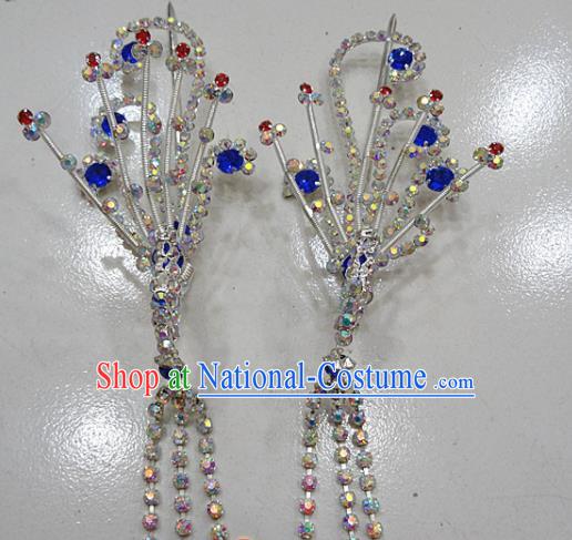 Chinese Traditional Beijing Opera Diva Royalblue Phoenix Hairpins Princess Crystal Tassel Hair Clip Hair Accessories for Adults