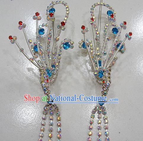 Chinese Traditional Beijing Opera Diva Blue Phoenix Hairpins Princess Crystal Tassel Hair Clip Hair Accessories for Adults