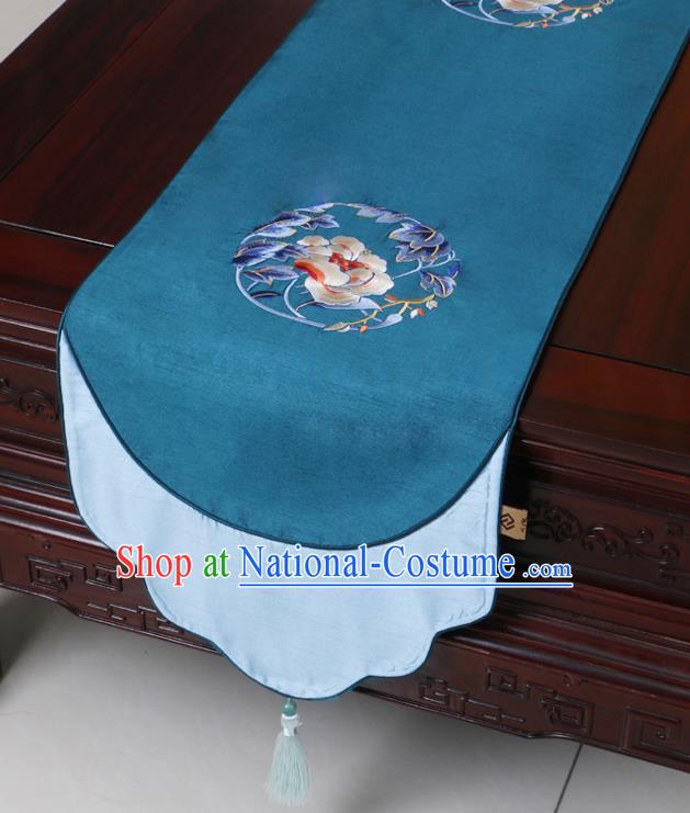 Chinese Traditional Embroidered Peony Blue Brocade Table Cloth Classical Satin Household Ornament Table Flag