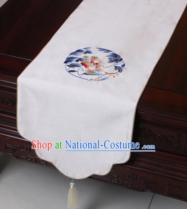 Chinese Traditional Embroidered Peony White Brocade Table Cloth Classical Satin Household Ornament Table Flag