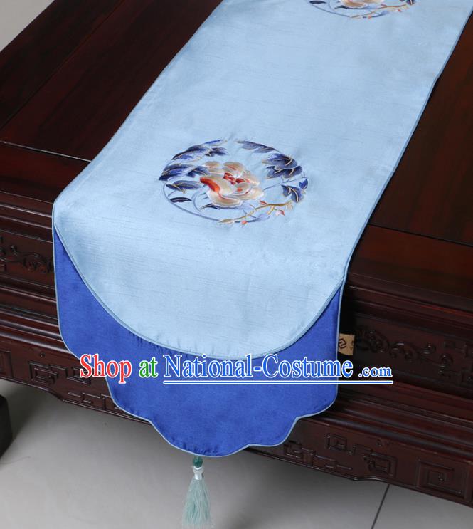 Chinese Traditional Embroidered Peony Blue Brocade Table Cloth Classical Satin Household Ornament Table Flag