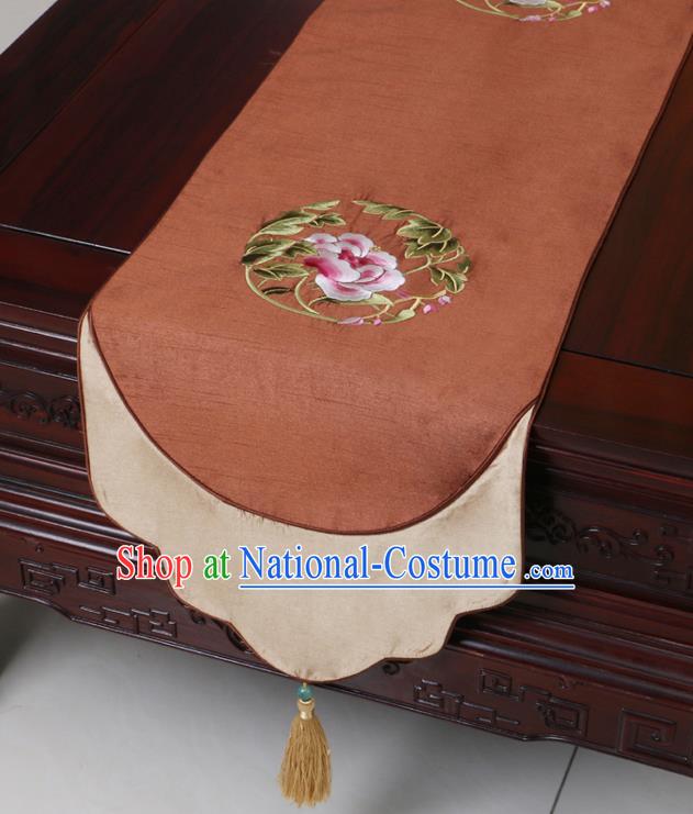 Chinese Traditional Embroidered Peony Brown Brocade Table Cloth Classical Satin Household Ornament Table Flag