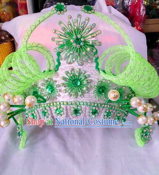 Chinese Traditional Beijing Opera Female Warriors Green Phoenix Coronet Hair Accessories for Adults