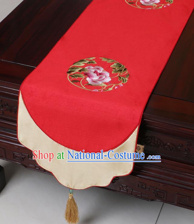 Chinese Traditional Embroidered Peony Red Brocade Table Cloth Classical Satin Household Ornament Table Flag