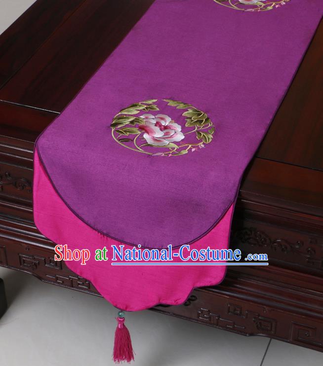 Chinese Traditional Embroidered Peony Purple Brocade Table Cloth Classical Satin Household Ornament Table Flag