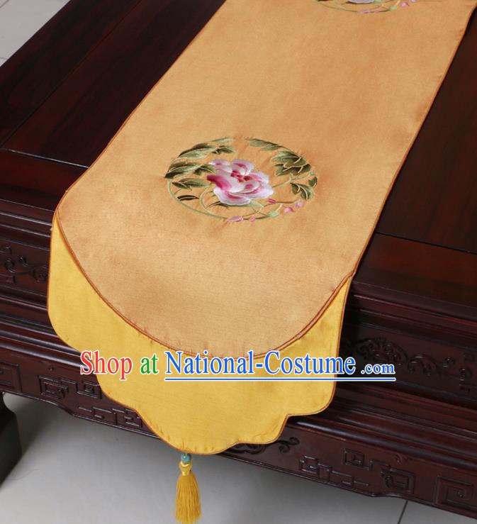 Chinese Traditional Embroidered Peony Golden Brocade Table Cloth Classical Satin Household Ornament Table Flag