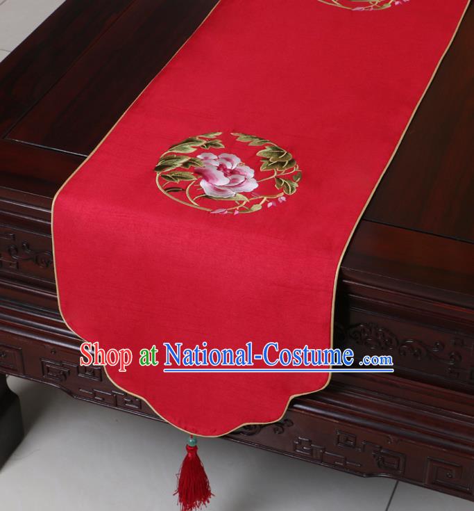 Chinese Traditional Embroidered Peony Red Brocade Table Cloth Classical Satin Household Ornament Table Flag