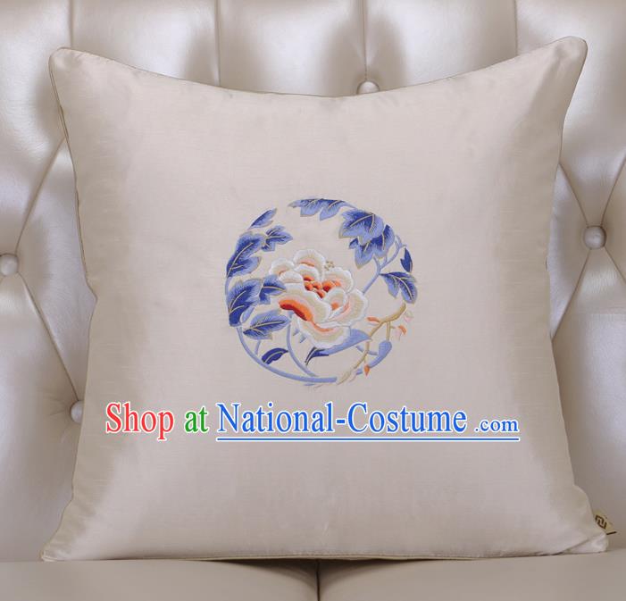 Chinese Traditional Embroidered Peony White Brocade Back Cushion Cover Classical Household Ornament