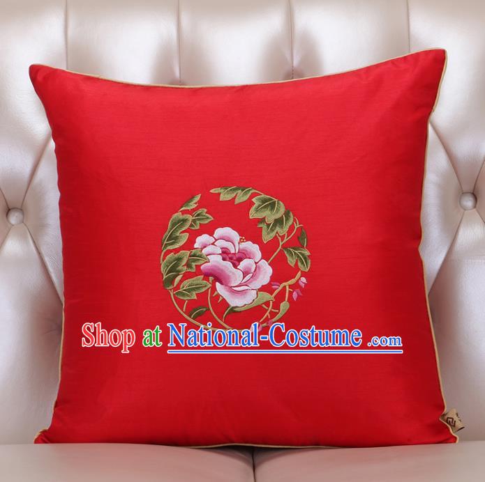 Chinese Traditional Embroidered Peony Red Brocade Back Cushion Cover Classical Household Ornament