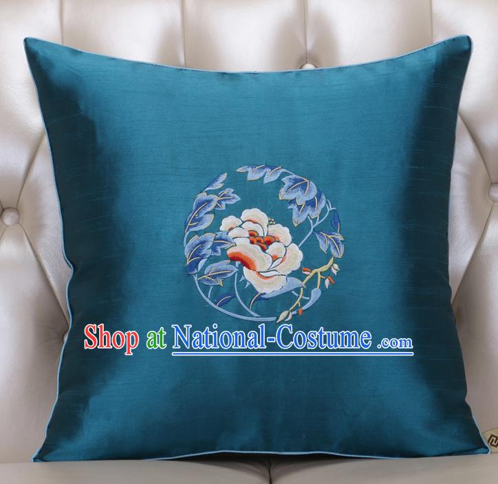 Chinese Traditional Embroidered Peony Peacock Blue Brocade Back Cushion Cover Classical Household Ornament