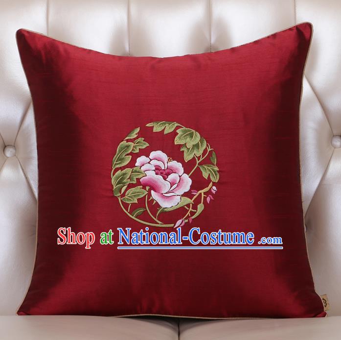 Chinese Traditional Embroidered Peony Purplish Red Brocade Back Cushion Cover Classical Household Ornament