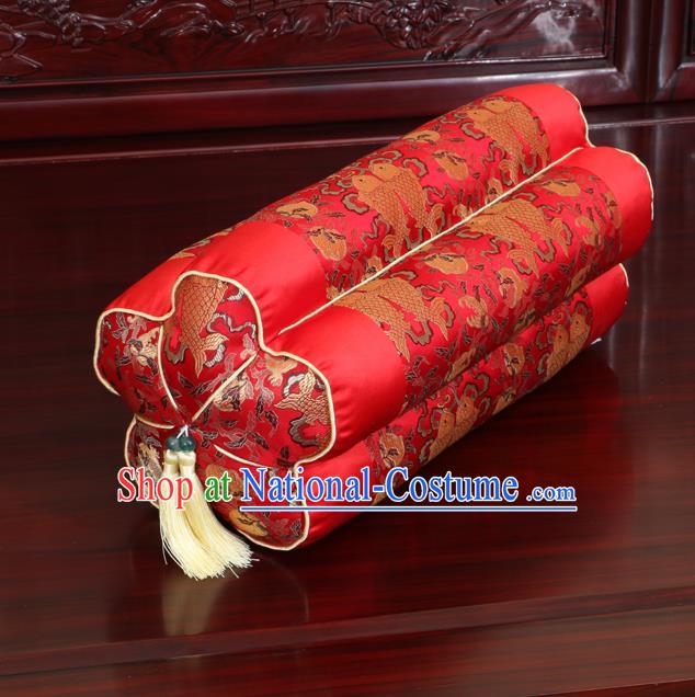 Chinese Traditional Household Accessories Classical Fishes Pattern Red Brocade Plum Blossom Pillow