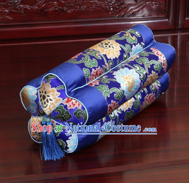 Chinese Traditional Household Accessories Classical Lotus Pattern Royalblue Brocade Plum Blossom Pillow