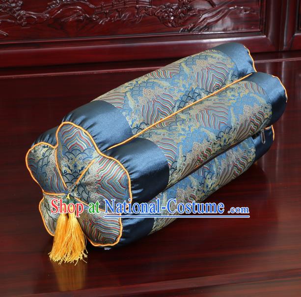 Chinese Traditional Household Accessories Classical Wave Pattern Navy Brocade Plum Blossom Pillow