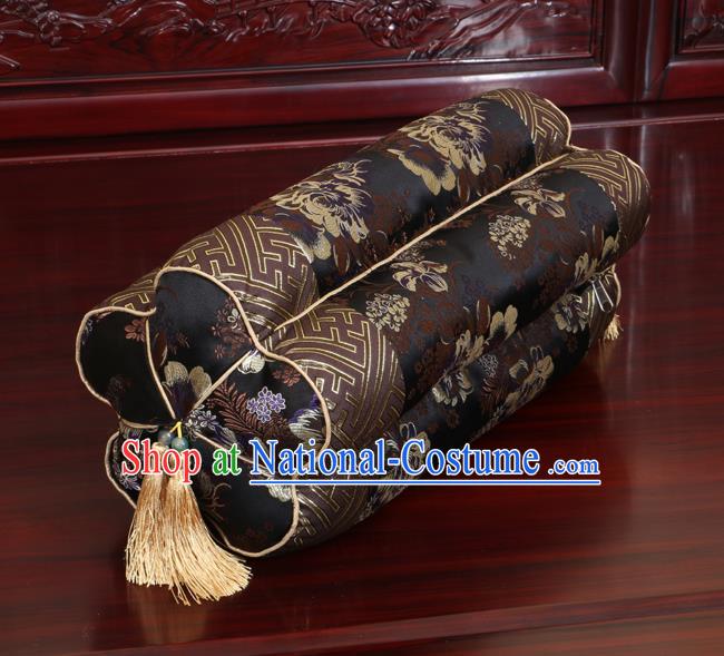 Chinese Traditional Household Accessories Classical Peony Pattern Black Brocade Plum Blossom Pillow