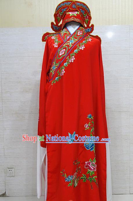 Professional Chinese Beijing Opera Niche Embroidered Peony Red Robe Traditional Peking Opera Scholar Costume for Adults